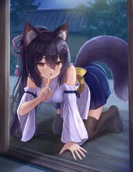  absurdres all_fours animal_ear_fluff animal_ears black_hair black_thighhighs blue_skirt brown_eyes commentary_request detached_sleeves female finger_to_mouth hair_between_eyes hair_ornament hairclip highres iroha_(iroha_matsurika) japanese_clothes kimono kunoichi-chan_(iroha_(iroha_matsurika)) long_sleeves night ninja obi original outdoors parted_lips pleated_skirt ponytail sash shushing skirt sleeveless sleeveless_kimono solo tail thighhighs white_kimono white_sleeves wide_sleeves wolf_ears wolf_girl wolf_tail x_hair_ornament 