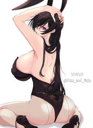  absurdres animal_ears armpits arms_on_head back black_footwear black_hair black_leotard breasts code_geass commentary_request covered_nipples female fishnet_pantyhose fishnets from_behind genderswap_(mtf) hair_between_eyes high_heels highres huge_breasts lelouch_vi_britannia leotard long_hair looking_at_viewer pantyhose purple_eyes rabbit_ears rabbit_girl red_light_district rule_63 sideboob sidelocks sitting smile solo wariza 