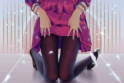  black_legwear chinese_commentary clothes_lift commentary_request female highres kneeling knees_together_feet_apart lifting_own_clothes lower_body md5_mismatch pantyhose photoshop_(medium) pink_skirt qizhu shoes skirt skirt_lift tile_floor tiles uniform 