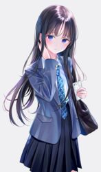  bag black_hair blazer blue_eyes blue_jacket blue_necktie blue_skirt blush cellphone collared_shirt cowboy_shot female high-waist_skirt highres holding holding_phone jacket long_hair long_sleeves medium_skirt nabi_(uz02) necktie open_clothes open_jacket original phone pleated_skirt school_uniform shirt simple_background skirt smartphone solo standing straight_hair striped striped_necktie very_long_hair white_background white_shirt wing_collar 