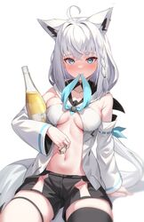  animal_ears antenna_hair ascot bare_shoulders blush bottle braid breasts choko_(cup) cup detached_sleeves earrings female fox_ears fox_girl fox_tail highres hololive jewelry kumarang long_hair looking_at_viewer medium_breasts navel no_panties sake_bottle shirakami_fubuki shirakami_fubuki_(1st_costume) shorts single_braid single_thighhigh sleeveless solo tail thigh_strap thighhighs virtual_youtuber white_background white_hair wide_sleeves 