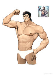  1boy abs absurdres balthus_von_albrecht bara bulge cropped_legs fire_emblem fire_emblem:_three_houses fire_emblem_heroes flexing grin highres huge_pectorals large_hands large_pectorals loose_hair_strand male_focus mature_male muscular muscular_male my_eight navel nipples pectorals reference_inset smile solo thick_eyebrows thick_thighs thighs topless_male v-taper white_background 