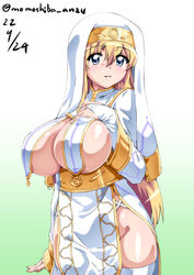  blonde_hair blue_eyes breast_curtains breasts bridal_gauntlets female gloves habit hair_between_eyes huge_breasts long_hair long_sleeves nafta nun priestess robe solo standing tiffania_westwood white_gloves white_robe zero_no_tsukaima 