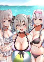  3girls :d absurdres ball bandaged_arm bandaged_leg bandages bare_shoulders beachball bikini black_bikini black_bow blue_sky blush bow braid breast_rest breasts cleavage collarbone crossed_arms day hairband hairbow highres idolmaster idolmaster_(classic) idolmaster_cinderella_girls idolmaster_shiny_colors kanzaki_ranko large_breasts looking_at_viewer mabanna medium_breasts midriff multiple_girls navel ocean outdoors purple_bikini purple_eyes purple_hairband red_eyes shijou_takane sidelocks sky smile sparkle sunlight sweatdrop swimsuit twin_braids twintails white_bikini yukoku_kiriko 