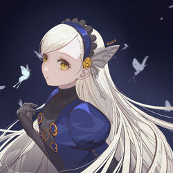  black_gloves blue_background blue_dress bug butterfly dress elbow_gloves english_commentary female flat_chest gloves highres lavenza_(persona_5) long_hair looking_at_viewer maid_headdress persona persona_5 platinum_blonde_hair puffy_sleeves solo swept_bangs tabard vafar7 very_long_hair yellow_eyes 