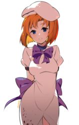  arms_behind_back beret blood blood_on_arm blood_on_clothes blood_stain blue_eyes blush bow bowtie breasts cowboy_shot dress female grin harukagi hat higurashi_no_naku_koro_ni looking_at_viewer medium_breasts medium_hair orange_hair purple_bow ryuuguu_rena short_sleeves smile solo white_dress white_hat 