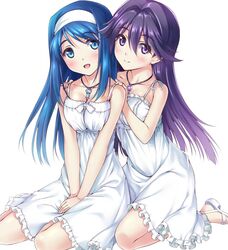  2girls blue_eyes blue_hair breasts commentary_request dress frilled_dress frills full_body futaba_aoi_(vividred_operation) hairband jewelry kneeling kuroki_rei long_hair looking_at_viewer medium_breasts multiple_girls necklace nonbe purple_eyes purple_hair simple_background spaghetti_strap sundress toeless_footwear v_arms vividred_operation white_background white_dress white_footwear white_hairband 