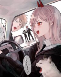  2boys 2girls :d :o black_hair blonde_hair car_interior chainsaw_man commentary_request denji_(chainsaw_man) fangs feline formal from_side grey_cat hands_on_own_head higashiyama_kobeni highres horns meowing meowy_(chainsaw_man) multiple_boys multiple_girls open_mouth outstretched_arm partial_commentary pink_hair plague_doctor_mask power_(chainsaw_man) red_eyes red_horns sharp_teeth smile speech_bubble steering_wheel suit teeth uzura_(piroro-foo) violence_fiend_(chainsaw_man) white_background 