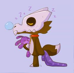  2019 animal_plushie asymmetrical_horns bedding blanket bone broken_horn brown_body bubble canid canid_demon canine closed_eyes collar crayon_newt_(artist) demon disney hi_res holding_object holding_plushie horn inanimate_object king_clawthorne mammal plushie purple_background rabbit_plushie simple_background skull skull_head sleeping solo sound_effects standing the_owl_house titan_(the_owl_house) vowelless vowelless_sound_effect zzz 