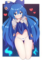  barefoot blue_bow blue_eyes blue_hair blue_skirt blush border bow cameltoe closed_mouth clothes_lift female full_body grey_hoodie hair_between_eyes hairbow heart hood hoodie lifting_own_clothes long_hair panties rizento short_sleeves skirt skirt_lift solo thigh_gap touhou underwear white_border white_panties yorigami_shion 