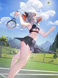  absurdres alternate_costume armpits ass azur_lane ball black_skirt blue_sky breasts cloud cloudy_sky day feet_out_of_frame female from_side grey_hair highres holding_tennis_racket jiangshuai_mengenze jumping medium_breasts midriff miniskirt mountain multicolored_hair navel net otto_von_alvensleben_(azur_lane) outdoors pleated_skirt racket red_eyes red_hair shiny_skin skirt sky sleeveless solo sportswear streaked_hair tennis_ball tennis_court tennis_racket tennis_uniform two-tone_hair underboob 