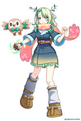  :o absurdres alternate_costume antlers artist_name braid braided_bangs branch ceres_fauna commentary crossover female floral_print flower forehead frilled_skirt frills full_moon green_eyes green_hair green_nails hair_flower hair_ornament highres holding hololive hololive_english horns legs_apart long_bangs long_hair long_sleeves mole mole_under_eye moon open_mouth parted_bangs pink_scarf poke_ball pokemon pokemon_(creature) pokemon_legends:_arceus pouch rowlet scarf seraphim_throne simple_background single_braid skirt virtual_youtuber white_background wide_sleeves 