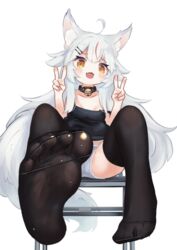  absurdres ahoge animal_ear_fluff animal_ears black_thighhighs blush camisole collar commission commissioner_upload double_v feet female hair_ornament hairclip highres indie_virtual_youtuber kamiko_kana kilabo long_hair looking_at_viewer multicolored_hair no_shoes oerba_yun_fang open_mouth panties sitting skeb_commission smile solo strapless thighhighs underwear underwear_only v virtual_youtuber white_hair white_panties yellow_eyes 