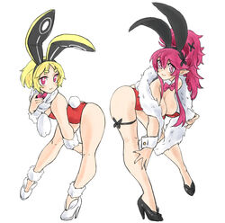  2girls absurdres animal_ears bad_id bad_twitter_id bare_legs black_footwear blonde_hair bow bowtie breasts detached_collar disgaea fake_animal_ears fake_tail feather_boa hair_ornament high_heels highres large_breasts leaning_forward leotard long_hair looking_at_viewer makai_senki_disgaea_5 multiple_girls pink_bow pink_bowtie pink_eyes pink_hair playboy_bunny pointy_ears ponytail rabbit_ears rabbit_tail red_leotard seraphina_(disgaea) short_hair simple_background small_breasts smile strapless strapless_leotard tail toshinoshin usalia_(disgaea) white_background white_footwear wrist_cuffs x_hair_ornament 