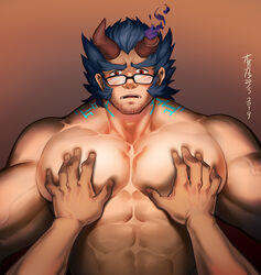  2boys bara beard black-framed_eyewear blue_hair blush broken_horn dark_blue_hair demon_boy demon_horns facial_hair fiery_horns glasses grabbing horns large_pectorals long_sideburns looking_at_viewer lrpanda00 male_focus mature_male multiple_boys muscular muscular_male oerba_yun_fang pectoral_focus pectoral_grab pectorals pov short_hair sideburns solo_focus stubble takemaru_(housamo) thick_eyebrows tokyo_afterschool_summoners upper_body veins yaoi 