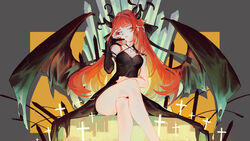  atelier_live black_dress black_gloves blonde_hair blue_eyes breasts cleavage colored_inner_hair cross cross_earrings crossed_legs crystal dragon_girl dragon_horns dragon_wings dress earrings elbow_gloves english_commentary female gloves highres horns jewelry kuzuryu_io long_hair looking_down medium_breasts multicolored_hair parted_lips partially_fingerless_gloves red_hair single_glove sitting softmode solo virtual_youtuber wings 