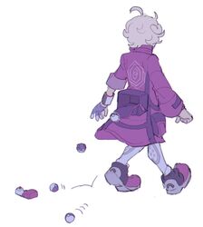  1boy bag bede_(pokemon) boots coat dropping from_behind gloves highres long_sleeves male_focus open_bag partially_fingerless_gloves pink_coat poke_ball pokemon pokemon_swsh potion_(pokemon) simple_background single_glove sleeve_rolled_up solo thxzmgn walking white_background 