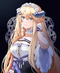  arknights black_background blonde_hair blue_eyes blue_sealad breasts cleavage collar commentary dress female gloves hand_up highres horns large_breasts long_hair looking_at_viewer off-shoulder_dress off_shoulder official_alternate_costume pointy_ears saileach_(appreciate_fragrance)_(arknights) saileach_(arknights) short_sleeves simple_background smile solo upper_body very_long_hair white_dress white_gloves 