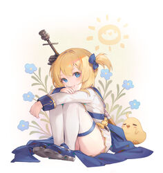  :t arm_rest azur_lane bibimbub blonde_hair blue_capelet blue_eyes blue_footwear blue_ribbon blush candy capelet collared_dress commentary_request dress female fingernails flower food from_side frown full_body gold_trim hair_ribbon highres little_renown_(azur_lane) lollipop looking_at_viewer manjuu_(azur_lane) one_side_up ribbon sheath sheathed short_hair sitting sun sword sword_on_back thighhighs thighs weapon weapon_on_back white_dress white_thighhighs 