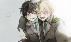  2boys ahuusa albus_severus_potter black_hair black_robe blonde_hair blush closed_eyes green_eyes harry_potter_(series) harry_potter_and_the_cursed_child hogwarts_school_uniform hug multiple_boys necktie robe school_uniform scorpius_malfoy slytherin smile striped striped_necktie wizarding_world 