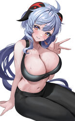  ahoge alternate_breast_size bare_arms bare_shoulders black_pants black_sports_bra blue_hair blush breasts cleavage cowboy_shot female ganyu_(genshin_impact) genshin_impact goat_horns gradient_eyes grin highres horns huge_breasts large_breasts long_hair looking_at_viewer mikan03_26 multicolored_eyes navel pants parted_lips purple_eyes simple_background smile solo sports_bra sportswear stomach sweat thighs w wet white_background yoga_pants 