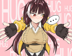  ... black_gloves black_hair black_skirt blush brown_sweater_vest collared_shirt english_text female fingerless_gloves girls&#039;_frontline gloves heterochromia highres incoming_hug jacket kuzumotsu long_hair looking_to_the_side low_twintails miniskirt multicolored_hair outstretched_arms pink_background pleated_skirt red_eyes ro635_(girls&#039;_frontline) shirt skirt solo spoken_ellipsis streaked_hair sweat sweater_vest twintails white_hair white_shirt yellow_eyes yellow_jacket 