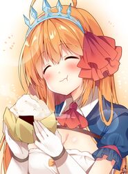  :t ^_^ ahoge blush breasts cleavage closed_eyes closed_mouth commentary female food gloves hair_between_eyes hair_ribbon holding holding_food long_hair medium_breasts omuretsu onigiri orange_hair pecorine_(princess_connect!) princess_connect! puffy_short_sleeves puffy_sleeves red_ribbon ribbon short_sleeves shrug_(clothing) solo tiara upper_body wavy_mouth white_gloves 