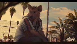  anthro brown_hair caicyo cigarette clothed clothing cloud fence fully_clothed hair hi_res hyena looking_away male mammal outside palm_tree plant sitting sky smoking solo tree 