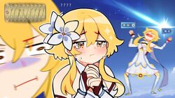  annoyed arms_up blonde_hair blush crying dress female flower gacha genshin_impact hair_flower hair_ornament half-closed_eyes highres lumine_(genshin_impact) multiple_views open_mouth praying sad savi_(byakushimc) shooting_star sidelocks sky sword tears weapon wide-eyed yellow_eyes 