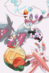  appletun bright_pupils closed_mouth commentary_request froslass gothita highres hungry_seishin lurantis mawile mega_mawile mega_pokemon pokemon pokemon_(creature) purple_eyes saliva sharp_teeth simple_background teeth twitter_username white_background white_pupils 