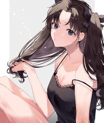  alternate_costume bare_shoulders black_ribbon blue_eyes breasts brown_hair cleavage collarbone fate/stay_night fate_(series) female from_side grey_background hair_ribbon hand_up highres long_hair medium_breasts off_shoulder parted_bangs parted_lips ribbon shimatori_(sanyyyy) solo teeth tohsaka_rin two_side_up white_background 