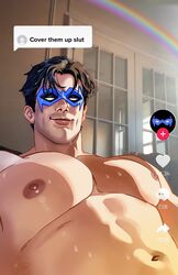  1boy bara batman_(series) black_hair cover_them_up_slut_(meme) dc_comics dialogue_box dick_grayson domino_mask heart large_pectorals male_focus mask meme muscular muscular_male navel nightwing nipples pectoral_focus pectorals rainbow short_hair smile solo stephendraws sweat tiktok upper_body user_interface 