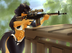  5_fingers anthro battle_rifle big_breasts bikini black_nose breasts canid canine canis cinnameana claws clothed clothing countershading digital_media_(artwork) domestic_dog female fingers flag_bikini fur gun hair heckler_and_koch hi_res hk_g3 holding_gun holding_object holding_ranged_weapon holding_weapon hovawart lydia_von_blutsonne mammal muscular muscular_female navel one_eye_closed outside print_bikini print_clothing print_swimwear ranged_weapon rifle shooting_range solo standing swimwear teutonic topwear weapon 