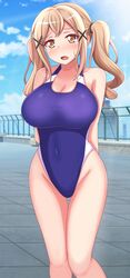  absurdres arms_behind_back ass_visible_through_thighs bang_dream! bare_shoulders blonde_hair bloom blue_one-piece_swimsuit blush breasts brown_hair cleavage collarbone competition_swimsuit covered_navel drill_hair feet_out_of_frame female hair_ornament hairclip highleg highleg_swimsuit highres ichigaya_arisa large_breasts long_hair looking_at_viewer looking_away one-piece_swimsuit open_mouth outdoors poposukii rooftop school sidelocks solo swimsuit taut_clothes taut_swimsuit thigh_strap twin_drills 