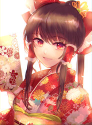  :d bad_id bad_pixiv_id bloom blush bow breasts brown_hair commentary_request female floral_print frills hair_between_eyes hair_tubes hairbow hakurei_reimu hand_fan highres holding holding_fan japanese_clothes kimono long_hair looking_at_viewer medium_breasts obi open_mouth ponytail red_bow red_eyes red_kimono sango_(coral0707) sash sidelocks simple_background smile solo touhou upper_body white_background 