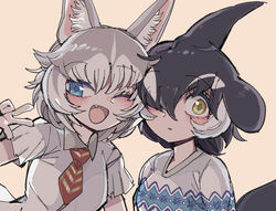  2girls ;d absurdres animal_ear_fluff animal_ears black_hair blue_eyes blush cheek-to-cheek collared_shirt commentary dog_(mixed_breed)_(kemono_friends) dog_ears dorsal_fin fins gloves grey_hair hair_over_one_eye hand_up head_fins heads_together highres kanmoku-san kemono_friends long_bangs looking_at_viewer medium_hair multicolored_hair multiple_girls necktie one_eye_closed open_mouth orca_(kemono_friends) parted_lips shirt short_sleeves simple_background smile sweater two-tone_hair upper_body v yellow_eyes 