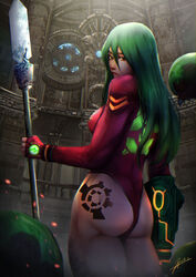  absurdres alien alternate_hair_color alternate_weapon arm_cannon ass ass_tattoo breasts commentary dual_wielding female fingerless_gloves from_behind glaive_(polearm) gloves green_hair hair_between_eyes highres holding holding_polearm holding_weapon justin_bailey legs_together leotard long_hair looking_back medium_breasts metroid metroid_(classic) metroid_(creature) neon_trim pink_gloves pink_leotard polearm samus_aran solo_focus standing temple thick_thighs thighs thong_leotard turning_head weapon wristband xuuikie_ashe 