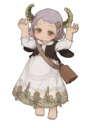  2021 absurdres bag barefoot bell closed_mouth commentary_request dress ear_tag female feral_lemma full_body hands_up highres horns lolicon looking_at_viewer original partial_commentary purple_hair red_eyes short_hair simple_background smile solo toes white_background white_dress 