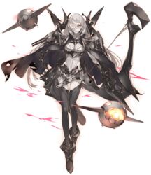  abyssal_ship armor black_cape bow_(weapon) breasts cape closed_mouth enemy_aircraft_(kancolle) european_armored_aircraft_carrier_princess female full_body gauntlets glowing glowing_eye highres holding holding_bow_(weapon) holding_weapon kantai_collection konishi_(koconatu) large_breasts long_hair non-web_source official_art pale_skin quiver simple_background solo tachi-e torn_cape torn_clothes transparent_background weapon white_hair yellow_eyes 