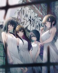  4girls black_hair breasts brown_eyes cleavage closed_mouth colored_inner_hair dress enogu graffiti green_eyes highres hinata_nao_(iwamotochou_geinousha) iwamotochou_geinousha kagawa_ichigo long_dress long_hair looking_at_viewer matching_outfits medium_hair multicolored_hair multiple_girls natsume_haru paint_splatter paint_splatter_on_face parted_lips sash shirafuji_tamaki sleeveless sleeveless_dress suzuki_anzu virtual_youtuber white_dress white_sash 