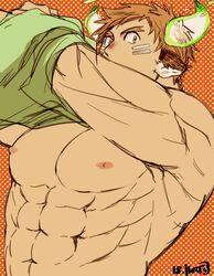  1boy abs animal_ears bara bare_pectorals bouncing_pecs brown_eyes brown_hair cow_boy cow_ears cow_horns dark-skinned_male dark_skin eye_black facial_hair fiery_horns forked_eyebrows gakei3 glowing_horns goatee green_shirt horns large_pectorals looking_at_viewer male_focus muscular muscular_male navel nipples open_clothes open_shirt pectorals shirt short_hair sideburns solo spiked_hair stomach thick_eyebrows tokyo_afterschool_summoners undressing upper_body wakan_tanka 