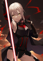  ahoge armor artoria_pendragon_(fate) bangs banned_artist black_cloak black_leotard blonde_hair blush braid breastplate breasts cloak energy_sword fate/grand_order fate_(series) female french_braid hair_between_eyes hair_bun hood hooded_cloak kyoeiki leotard long_hair looking_at_viewer medium_breasts mysterious_heroine_x_alter_(fate) sidelocks solo sword thighs weapon yellow_eyes 