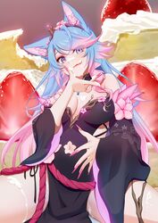  absurdres animal_ear_fluff animal_ears black_kimono black_sleeves blue_eyes blue_hair breasts cake cherry_blossom_print cherry_blossoms cleavage clothing_cutout commentary detached_sleeves english_commentary eyes_visible_through_hair female floral_print flower food hair_flower hair_ornament highres icing japanese_clothes kimono koyubi_maru large_breasts licking_lips looking_at_viewer multicolored_hair nail_polish navel navel_cutout pink_hair pink_nails second-party_source silvervale silvervale_(sakura_goddess) streaked_hair swept_bangs thighhighs tongue tongue_out virtual_youtuber vshojo white_thighhighs wolf_ears wolf_girl 