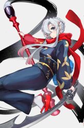  art_brush azur_lane blue_eyes braid braided_bun brush calligraphy calligraphy_brush dual_wielding female final_fantasy final_fantasy_xiv giant_brush grey_hair hair_bun highres holding holding_brush holding_paintbrush holding_sword holding_weapon ink japanese_clothes marshall_k multicolored_hair name_connection odin_(azur_lane) odin_(black_strokes_upon_blank_snow)_(azur_lane) odin_(final_fantasy) official_alternate_costume paintbrush red_hair sidelocks solo streaked_hair sword weapon 