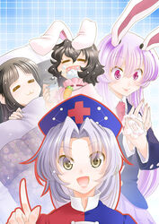  4girls :3 animal_ears black_hair blazer blue_background blue_dress blue_jacket blush carrot_necklace closed_eyes closed_mouth collared_dress collared_shirt commentary_request constellation_print coronavirus_pandemic cup dress eyes_visible_through_hair fingernails floppy_ears futon gargling gradient_background gradient_hair grey_hair hair_between_eyes hair_intakes hat hime_cut holding holding_cup houraisan_kaguya inaba_tewi jacket jewelry light_particles lips long_hair long_sleeves looking_at_viewer mizuki_hitoshi multicolored_clothes multicolored_dress multicolored_hair multiple_girls necklace necktie nurse_cap open_mouth outline parted_bangs patterned_background photoshop_(medium) pillow pink_dress pink_hair pink_nails pleated_skirt pointing pointing_up pov purple_hair purple_skirt rabbit_ears red_dress red_lips red_necktie red_outline reisen_udongein_inaba ribbon-trimmed_collar ribbon_trim shiny_skin shirt short_hair short_sleeves sidelocks skirt sleeping smile talking touhou washing_hands white_shirt yagokoro_eirin 