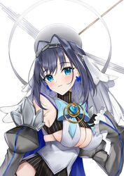  black_gloves blue_cape blue_eyes blue_hair bow bow_earrings breasts cape chain_headband chains cleavage_cutout clothing_cutout earrings female gloves hair_intakes halo headband heart-shaped_gem highres hololive hololive_english jewelry large_breasts mechanical_halo nemun_(tamizzz) ouro_kronii ouro_kronii_(1st_costume) ribbon_earrings sailor_collar shirt short_hair simple_background sleeveless sleeveless_shirt solo sweater turtleneck turtleneck_sweater underboob underboob_cutout virtual_youtuber white_background 