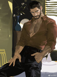  1boy bara beard_stubble black_hair chest_hair collared_shirt facial_hair feet_out_of_frame horikwawataru large_pectorals looking_to_the_side male_focus mature_male muscular muscular_male original painterly pants partially_unbuttoned pectoral_cleavage pectorals shirt short_hair solo stubble thick_eyebrows unfinished 