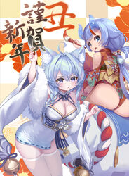  2girls alternate_costume animal_ear_fluff animal_ears asashio_(azur_lane) asashio_(snow-dusted_lynx_tips)_(azur_lane) ass azur_lane bare_shoulders blue_eyes blue_hair blue_sash braid breasts cleavage feather_boa flower hair_over_shoulder highres i-13_(azur_lane) japanese_clothes kimono large_breasts looking_at_viewer multiple_girls nengajou new_year official_alternate_costume pondel purple_eyes sash single_braid skindentation thighhighs translated white_flower white_kimono white_thighhighs 