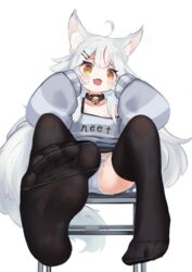  absurdres ahoge animal_ear_fluff animal_ears black_thighhighs blush collar commission commissioner_upload english_text feet female foot_focus foreshortening hair_ornament hairclip highres hood indie_virtual_youtuber kamiko_kana kilabo multicolored_hair neet no_shoes oerba_yun_fang open_mouth panties sitting skeb_commission sleeves_past_fingers sleeves_past_wrists soles solo striped tail thighhighs toes underwear virtual_youtuber white_hair white_panties 