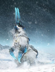  3d aqua_eyes blizzard blurry commentary_request dated highres horns looking_up monster no_humans original outdoors qiaogun_damodao signature snow snowflakes standing 